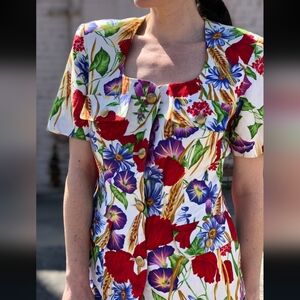 Vintage Botanical Garden Floral Print Short Cotton Sleeve Blazer Jacket Sz 14